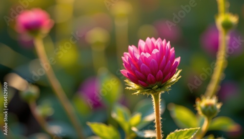 a glowing red clover bud opening like a healing flower under soft sunlight.