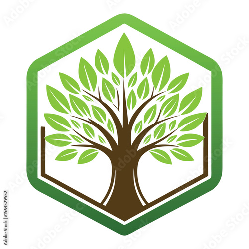 Stylized green tree with brown trunk inside a hexagonal green border