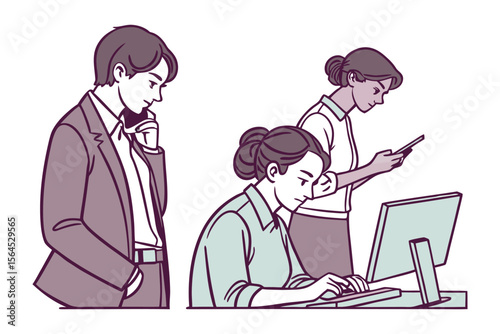 Diverse professionals engaged in modern work activities including phone calls computer use and smartphone interaction illustrating a collaborative office environment
