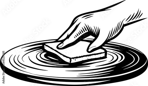 Hand cleaning dish with sponge vintage style, black and white sketch line drawing illustration isolated