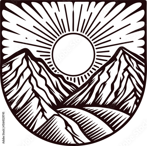 Vintage engraved sun and mountain landscape illustration in shield frame, retro hand drawn outdoor nature emblem