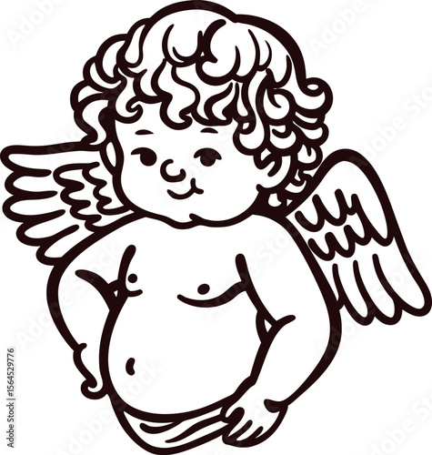 Chubby cherub with curly hair and angel wings, standing with hand on hip in vintage black and white illustration