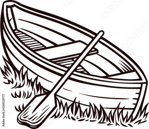 Hand drawn wooden rowboat with paddle resting on grass vintage black and white illustration