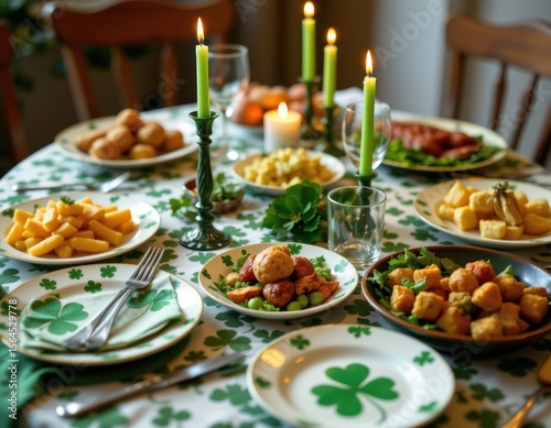 a festive table set with traditional irish food, clover motifs on plates, and green candles glowing softly for a st. patrick's day feast.