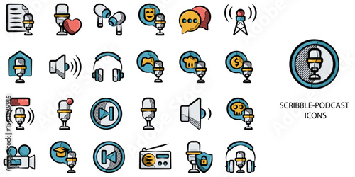 Scribble Podcast simple concept 24 hand drawn color icons set .Vector illustration.	
