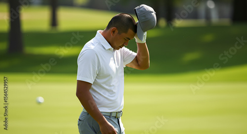 A golfer pauses, shading his face from the sun