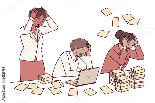 Three stressed office workers overwhelmed by paperwork and deadlines holding their heads in despair