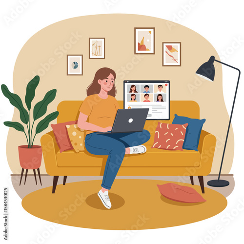 A young woman is comfortably working from home on her laptop, participating in an online video conference from her living room sofa.