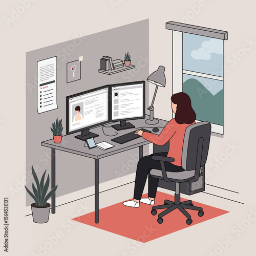 A young woman comfortably works from home on her laptop, participating in a virtual video conference from her cozy living room couch.