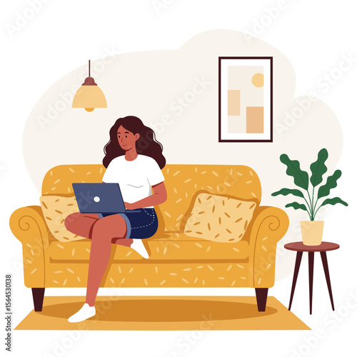 A young woman comfortably works from home on her laptop, participating in a virtual video conference from her cozy living room couch.