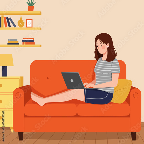 A young woman comfortably works from home on her laptop, participating in a virtual video conference from her cozy living room couch.