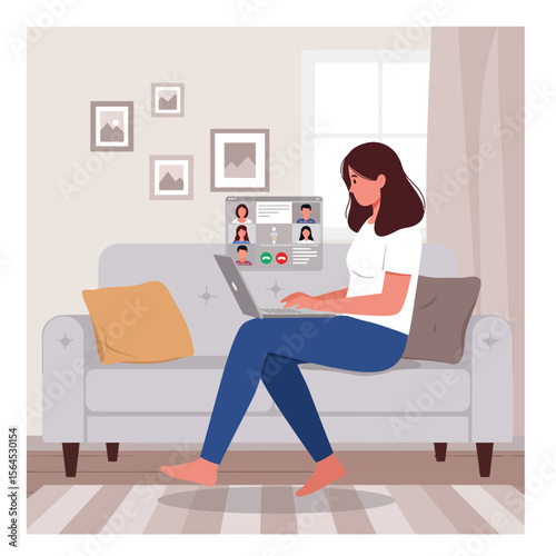 A young woman comfortably works from home on her laptop, participating in a virtual video conference from her cozy living room couch.