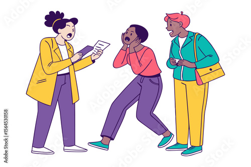 Three diverse friends react to surprising news from a document held by one person showcasing shock and excitement