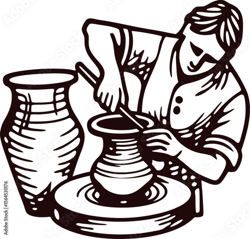 Potter shaping clay vase on wheel traditional ceramic artisan at work in vintage hand drawn illustration