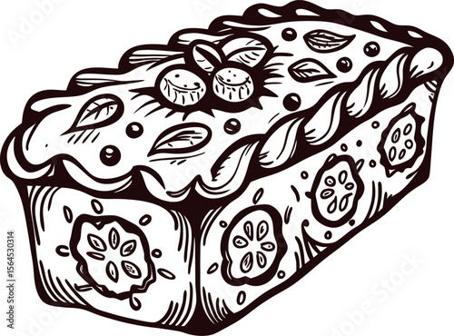 Hand drawn slice of decorated fruit pie with berries, crust and ornate pattern isolated on white background