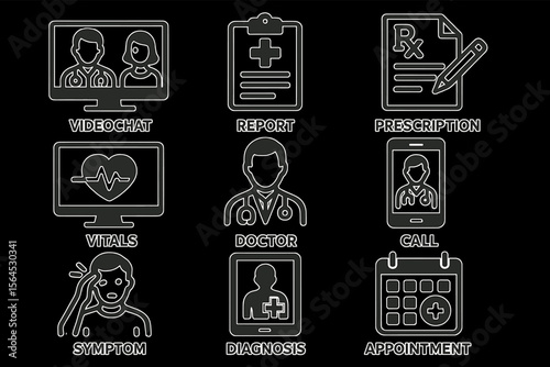 Medical telehealth icons: videochat, report, prescription, vitals, diagnosis, appointment