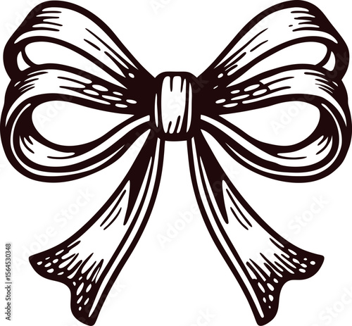 Vintage engraved illustration of a decorative ribbon bow with long tails and detailed line shading