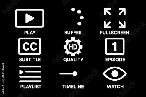 Media interface icons: play, buffer, fullscreen, subtitle, quality, episode, playlist, timeline, watch
