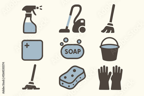 Cleaning tools icon set: spray bottle, vacuum, mop, sponge, soap, gloves, bucket