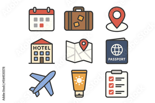 Travel essentials icon set with calendar, suitcase, location, and passport symbols