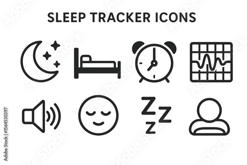 Sleep tracker icons: moon, bed, alarm, graph, sound, face, zzz, user