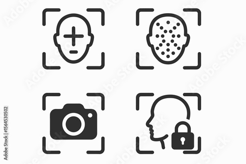 Facial recognition icons with camera and privacy lock symbols