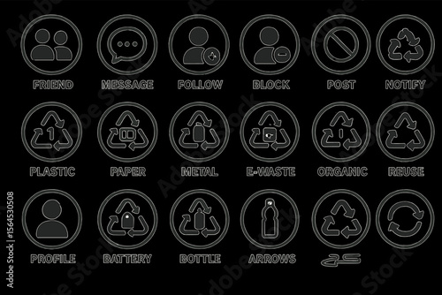 Social media and recycling icons set: friend, message, follow, block, recycle, organic, e-waste