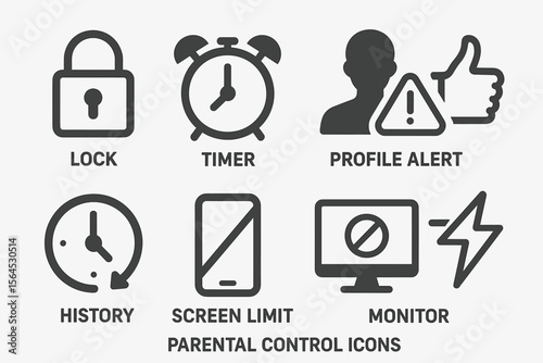 Parental control icons: lock, timer, profile alert, history, screen limit, monitor symbols