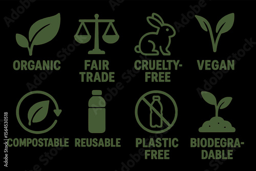 Sustainable icons: organic, fair trade, cruelty-free, vegan, compostable, reusable, plastic-free, biodegradable