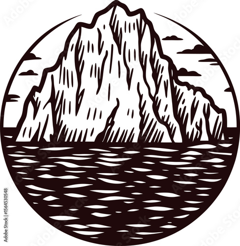 Engraved iceberg illustration with rippled ocean and clouds in vintage round design