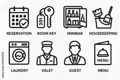 Hotel services icons including reservation, minibar, housekeeping, and more