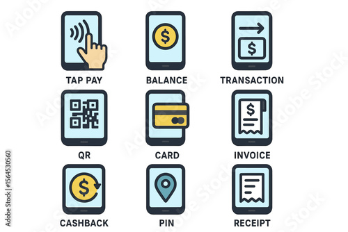 Digital payment icons: tap, balance, transaction, qr, card, invoice, cashback, pin, receipt