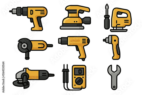Set of yellow construction tools icons including drill, sander, screwdriver, jigsaw, and wrench
