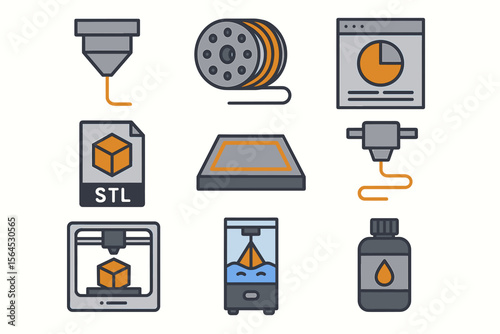 3d printing icons set: nozzle, filament, software, stl, resin, device