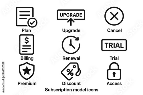 Subscription model icons: plan, upgrade, billing, renewal, trial, access, cancel, premium, discount