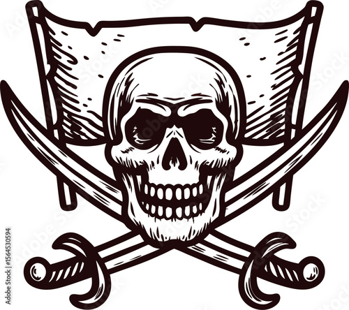 Vintage engraved pirate skull with crossed swords and waving flag in retro black and white hand drawn illustration photo