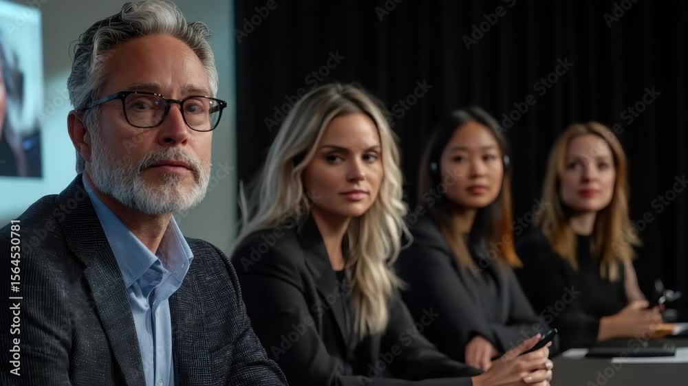 A group of people at a table with a man in the foreground and three women behind him in a dark setting a A group of people at a table with a man in the foreground and three women behind him in a dark setting a
