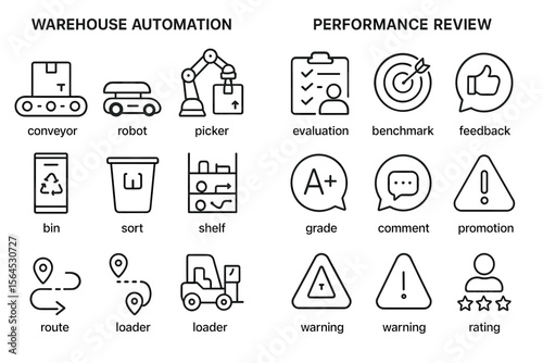 Warehouse automation and performance review icons for business efficiency