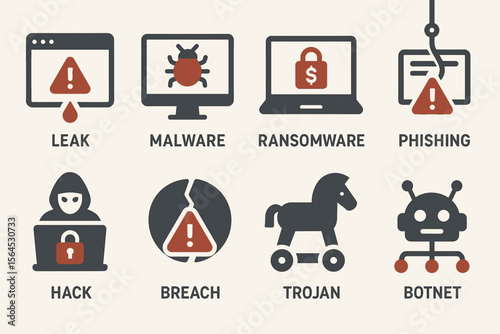 Eight cybersecurity threat icons including malware and phishing