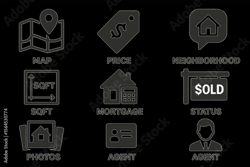 Real estate icons: map, price, neighborhood, square footage, mortgage, status, photos, agent