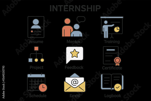 Internship essentials: resume, mentor, training, project, feedback, certificate, schedule, email, logbook icons