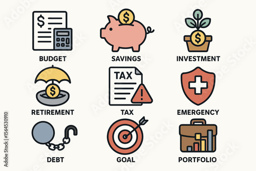 Financial concepts: budget, savings, investment, retirement, tax, emergency, debt, goal, portfolio icons