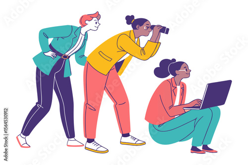 Diverse team collaborating on a project with one person using binoculars to look ahead and another working on a laptop