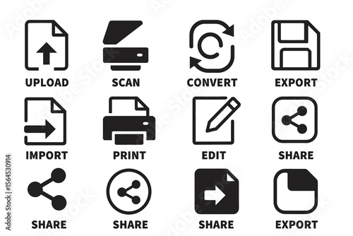 Document management icons: upload, scan, convert, export, import, print, edit, share