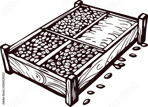 Hand drawn wooden seed tray filled with compartments and scattered seeds isolated on white background illustration