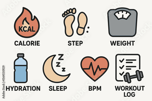 Fitness and health icons: calorie, step, weight, hydration, sleep, bpm, workout log