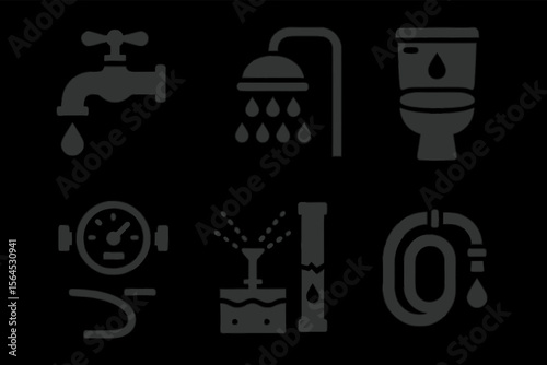 Plumbing icons: faucet, shower, toilet, gauge, sprinkler, pipe, hose