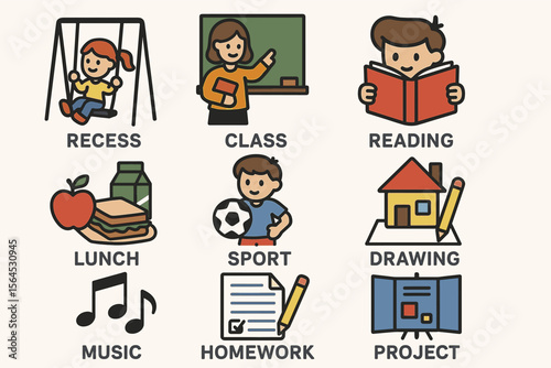 Children's school activities: recess, class, reading, lunch, sport, drawing, music, homework project