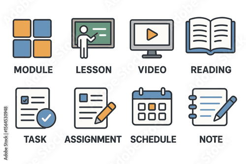 Educational icons: module, lesson, video, reading, task, assignment, schedule, note