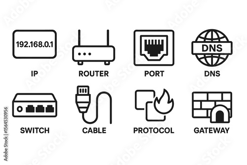 Network icons: router, ip, dns, cable, gateway, protocol, port, switch